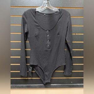 Black Ribbed Long Sleeve Henley Bodysuit M NWT